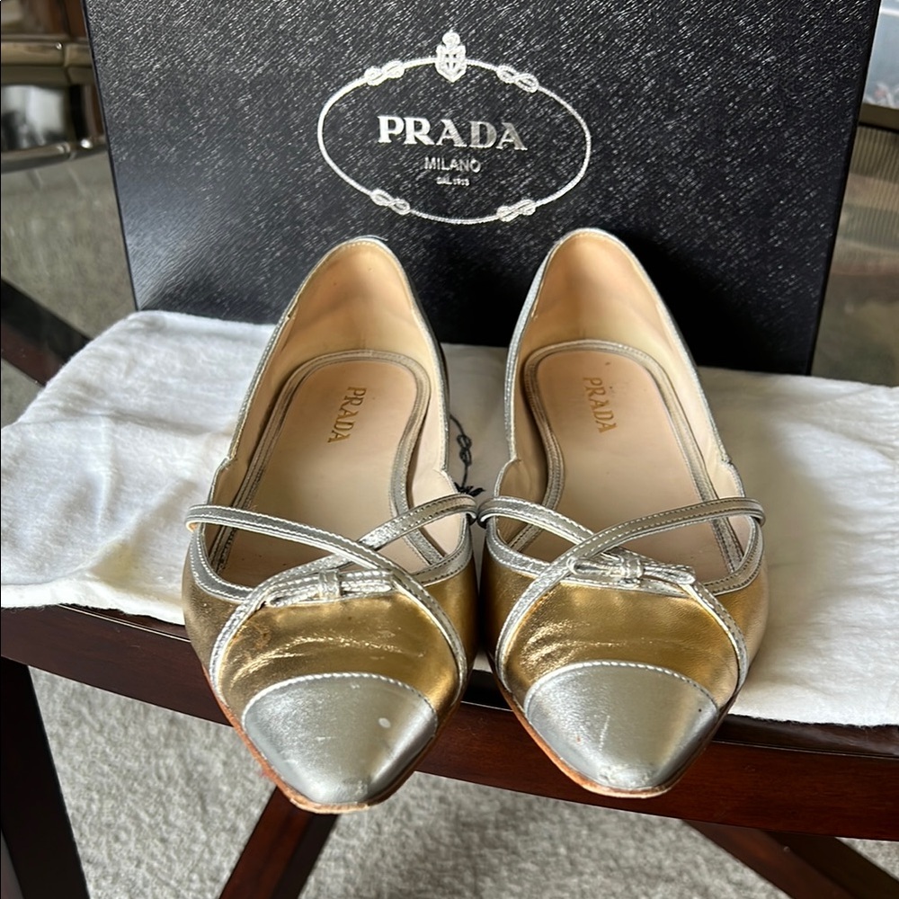 Prada Women's Gold and Silver Flats - Picture 2 of 3